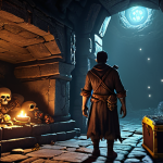 **Prompt:** A dark and eerie catacomb scene in a video game, filled with treasure chests and glowing, rare items. A brave adventurer, illuminated by torchlight, faces a shadowy monster lurking in the background. Focus on atmosphere and detail.