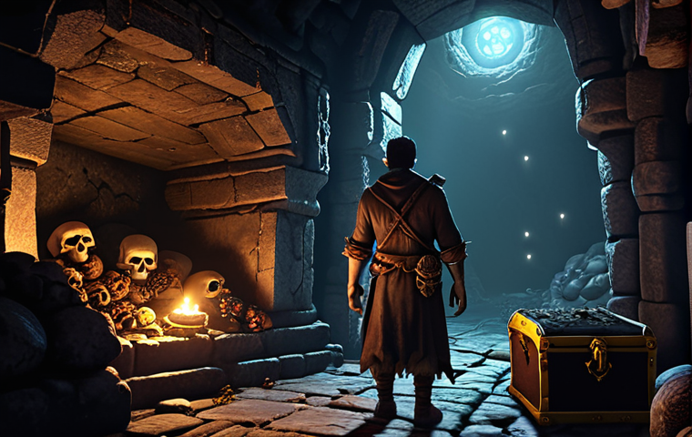 **Prompt:** A dark and eerie catacomb scene in a video game, filled with treasure chests and glowing, rare items. A brave adventurer, illuminated by torchlight, faces a shadowy monster lurking in the background. Focus on atmosphere and detail.