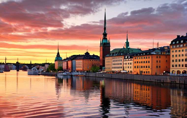 A stunning view of Stockholm's Gamla Stan at sunset, reflecting in the water, with vibrant colors.